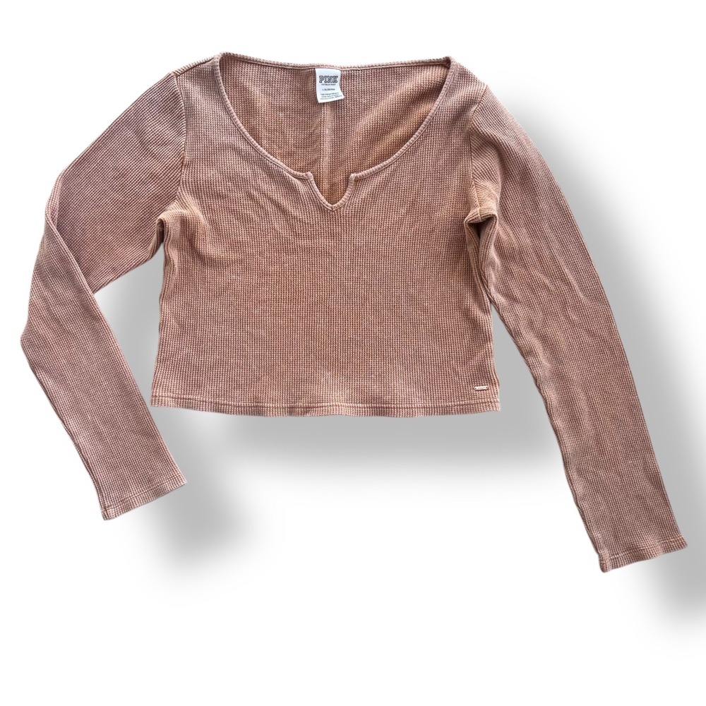 PINK Victoria's Secret Womens L Tan Camel Waffle Knit Thermal Crop Top Cozy Boho